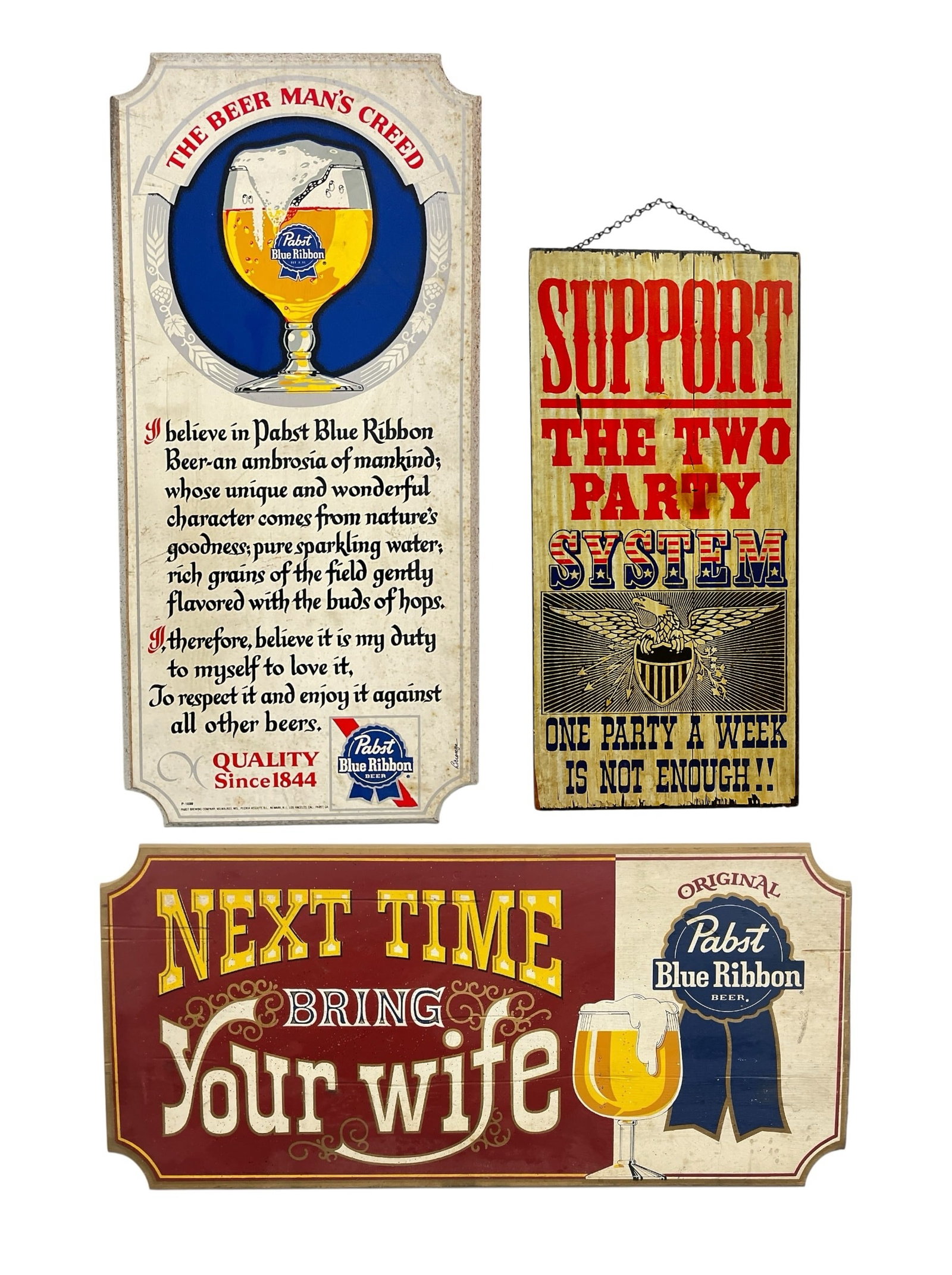 Three Vintage Tavern Wood Advertising Signs, PABST BLUE RIBBON: Largest sign is the "Beer Man's Creed" and it measures 24" x 11".