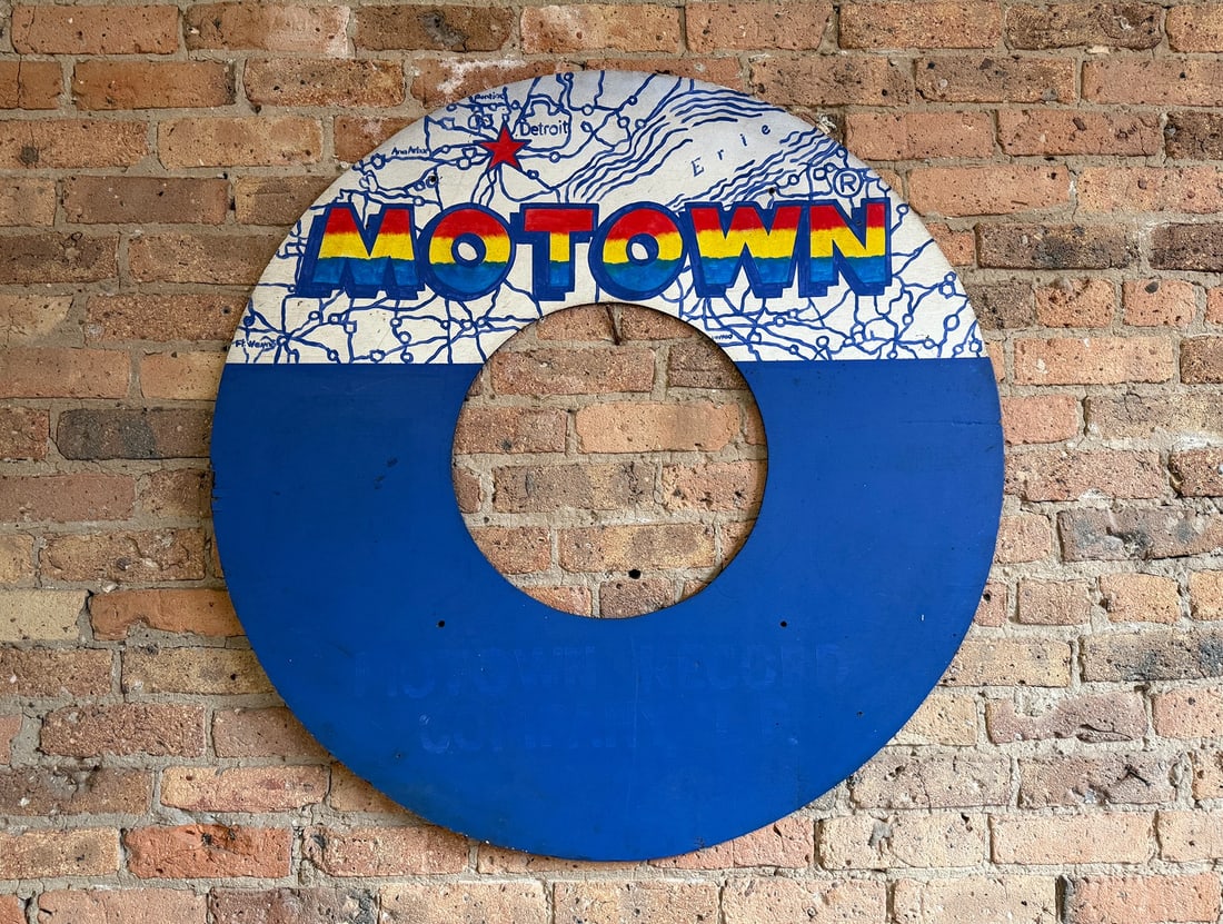 MOTOWN RECORDS Detroit Advertising Sign: 39.25" diameter x ~ 3/16" thick. From an original record store