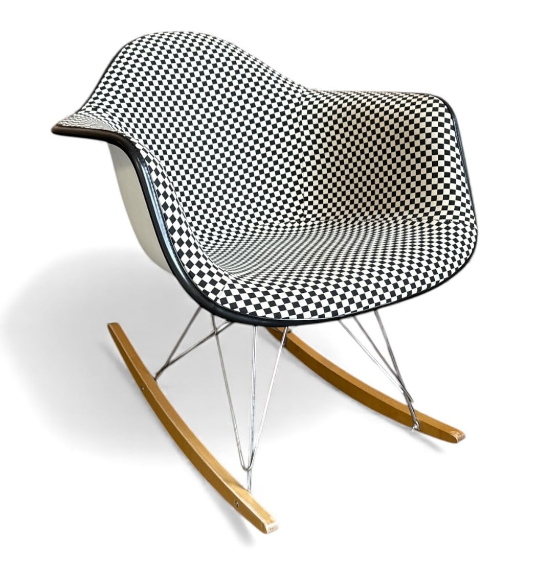CHARLES & RAY EAMES "RAR" Rocking Chair, ALEXANDER GIRARD Check Fabric: 27" H to back x 16" H to seat x 25" W x 27" D. Eames & Herman Miller manufacturer impression to underside.