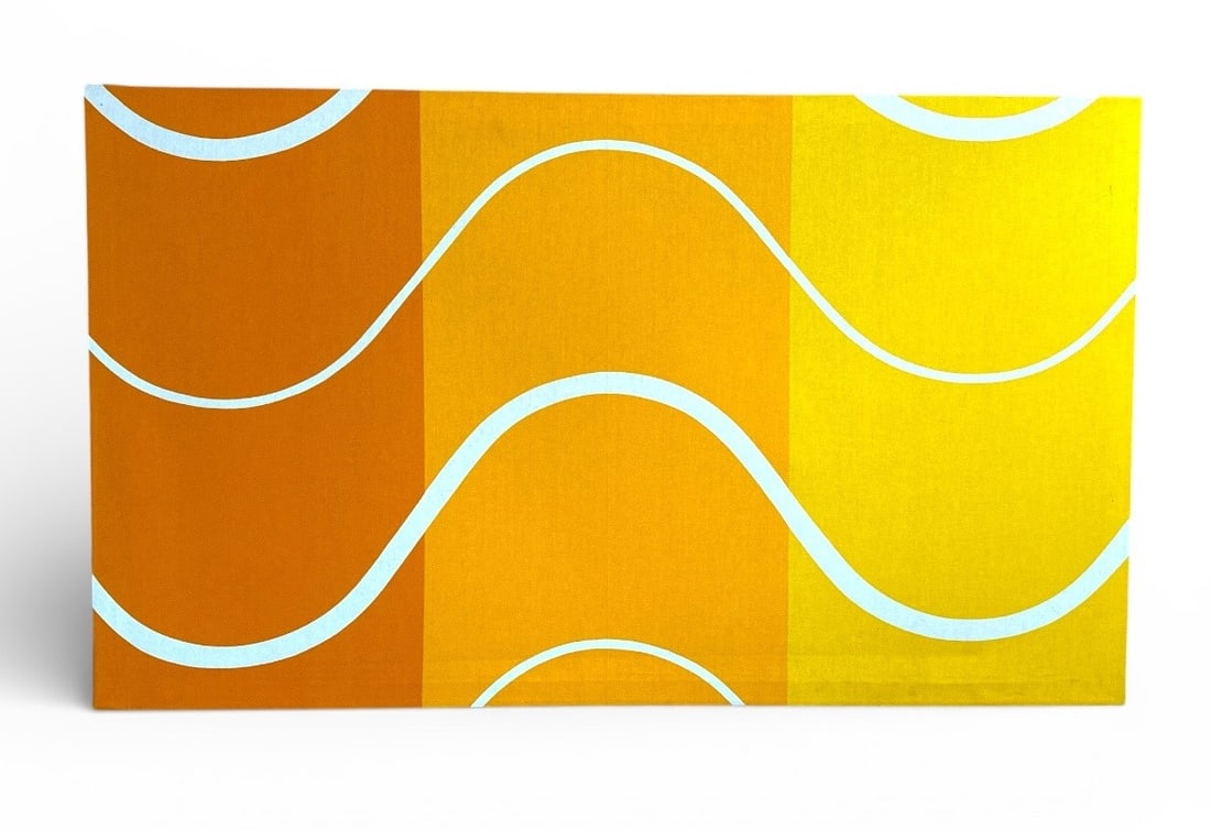 Danish Modern Wall Art, Mid Century: Screen print on fabric. 32" H x 54" W x .5" D. Unable to see marking on the back due to its mounting. by The Three Danes