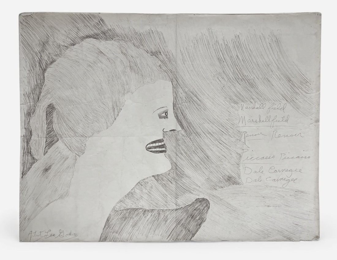 LEE GODIE (American, 1908-1994), Profile of a Woman: Measures 24" H x 31" W. Ink pen on paper. Inscribed Marshall field, Marshall field, Renoir, Renoir, Picasso, Picasso, Dale Carnegie, Dale Carnegie