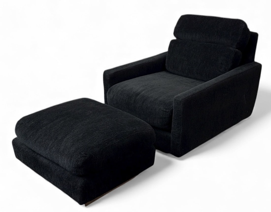 KARPEN OF KALIFORNIA Space Age Mid Century Floating Lounge Chair & Ottoman: In the style of Milo Baughman. Lounge chair: 29.25": H to back x 15.5" H to seat x 30.75" W x 36.5" D. Ottoman: 29.25" H x 26.75" W x 22" D. Karpen of California label underneath seat cushion.