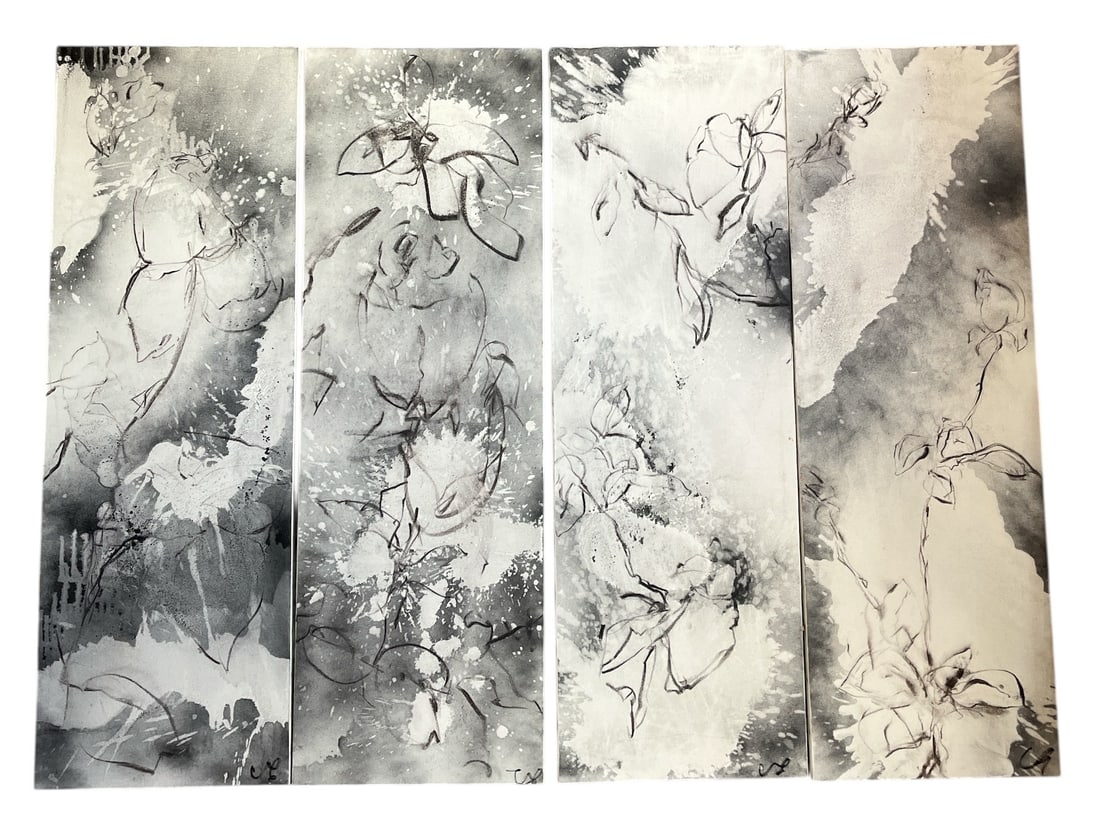 Four Modernist Grayscale Works, CARPENTER: All four are acrylic on canvas, each panel measures 47" H x 15.75" W x 0.75" D.