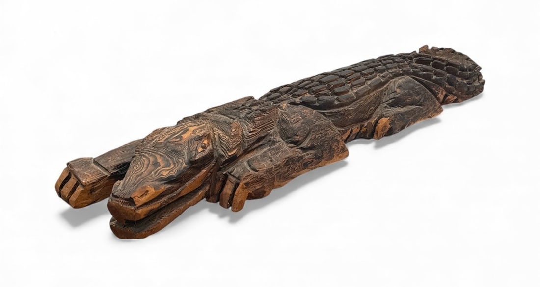 Life Size Carved Wood Alligator Sculpture: 6" H x 12" W x 52" L .
