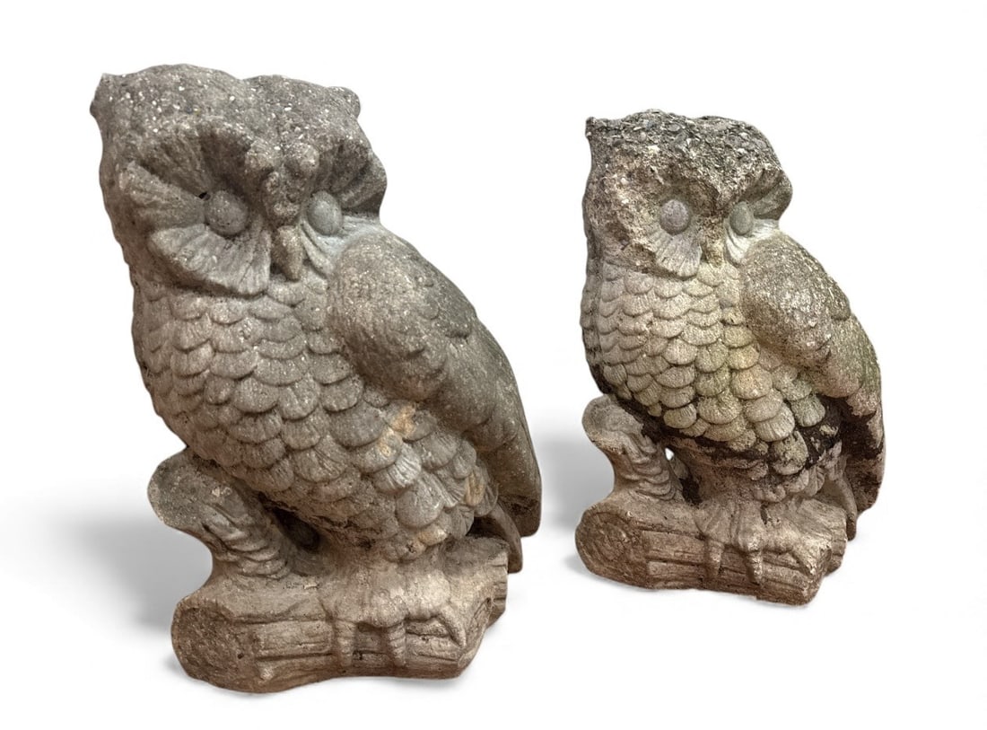 Substantial Pair of Large Concrete Owl Garden Sculptures: Each measure approx. 20" H x 14" W x 12"D.