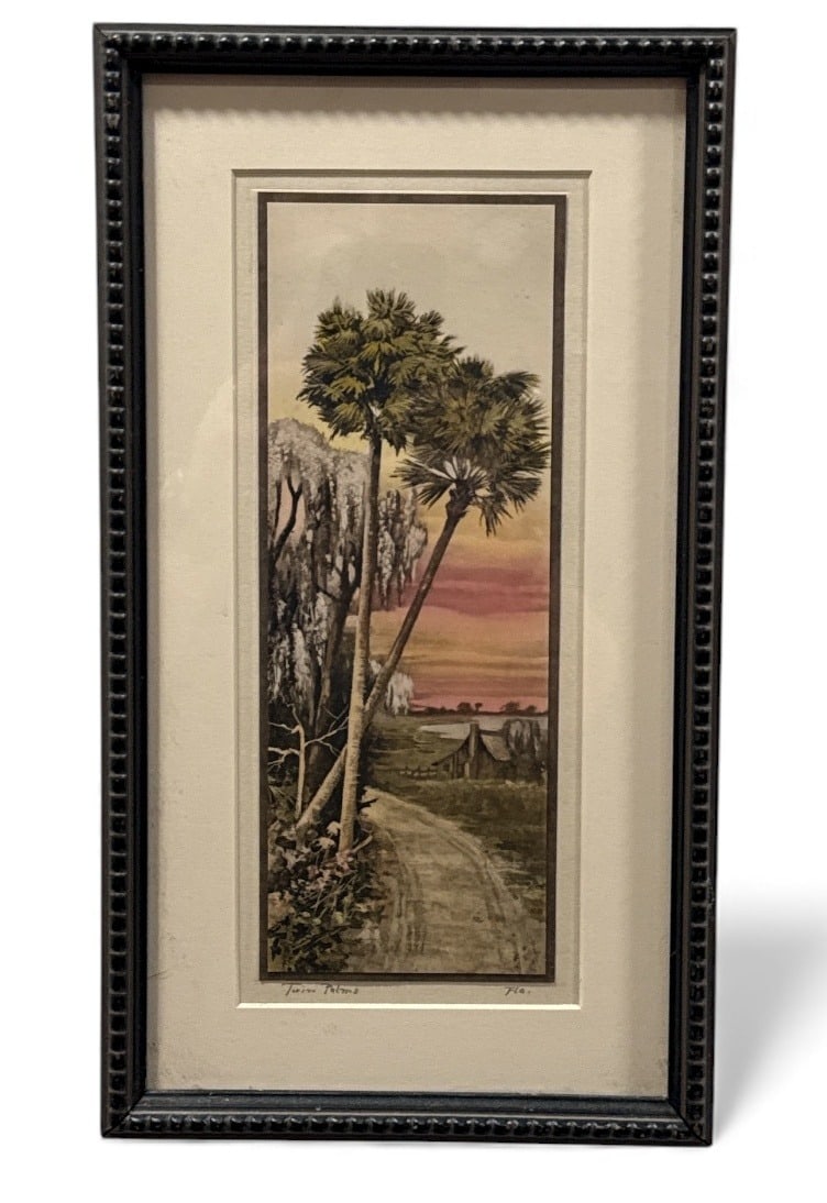Vintage Florida Highwaymen Watercolor Painting: In Frame 14" H x 8" W, Twin Palms, FL