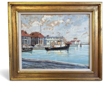Harbor Scene Oil Painting, 1956