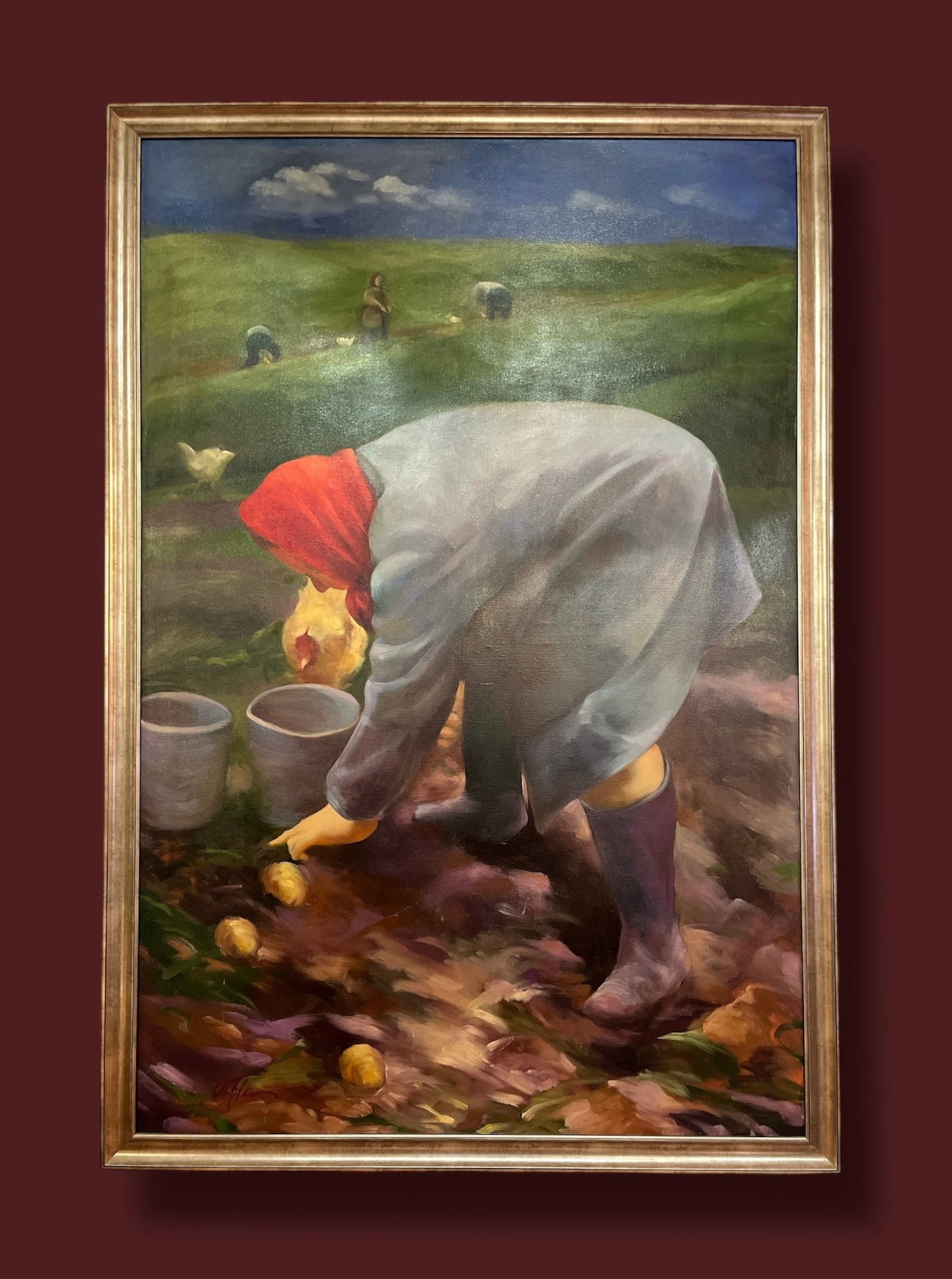 Wall Size ROSEMARIE ADCOCK OEHLER Oil Painting of Potato Farmer: Measures 75" x 51.5" x 1" D in the frame.