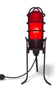 Early 20th C Industrial Cage Light, Red Glass
