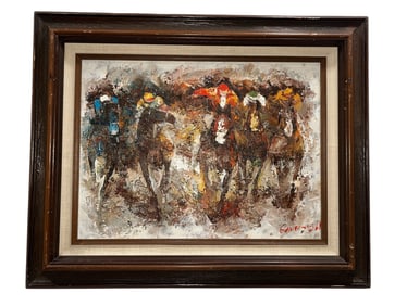 Mid Century Equestrian Horse Racing Oil Painting, BARTON