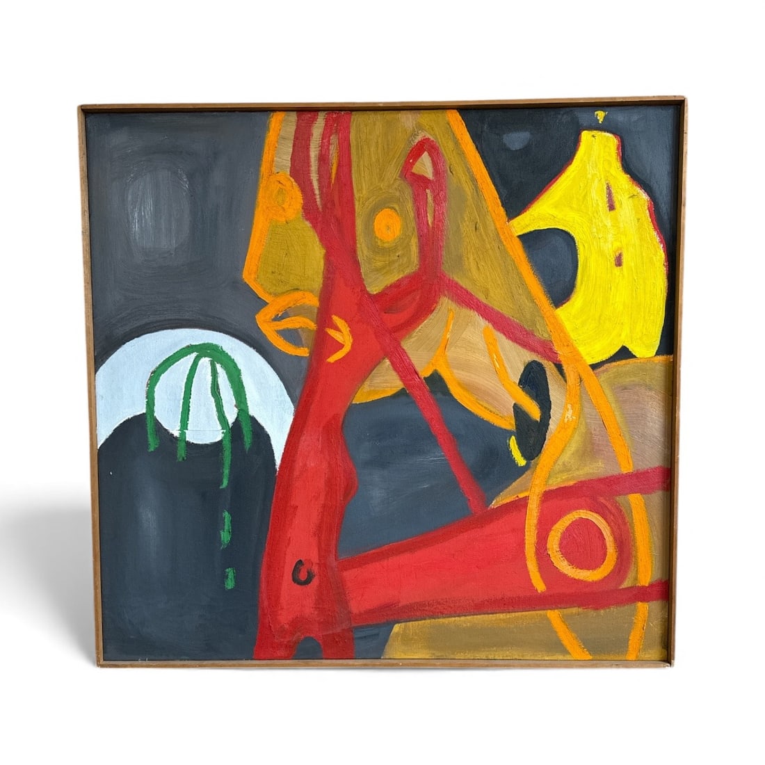 Abstract Mid Century Oil Painting: Unsigned & undated. 36.75" H x 38.5" W x 1.5" D.