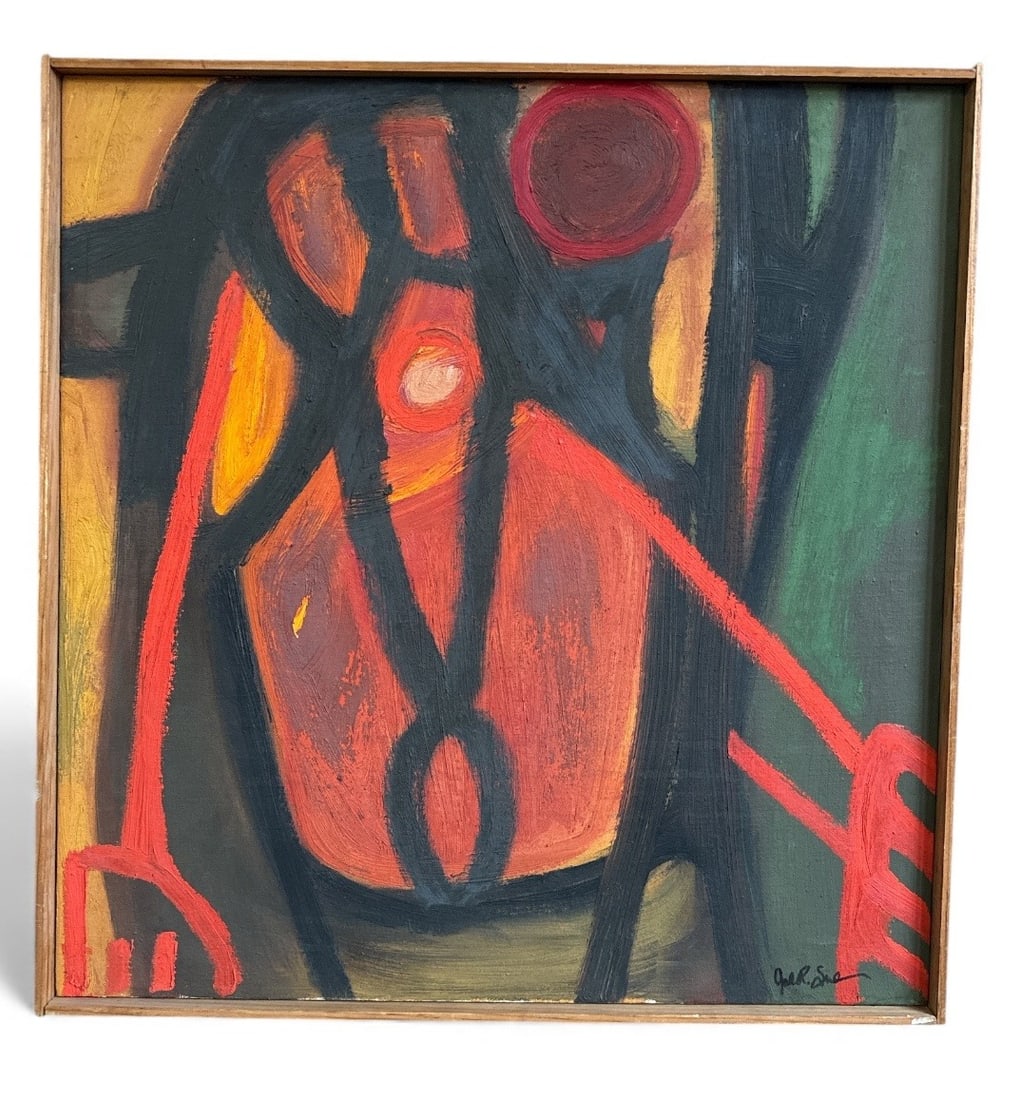 Abstract Mid Century Oil Painting: Signed illegibly bottom right. 23.5" H x 22.75" W x 1.5" D.