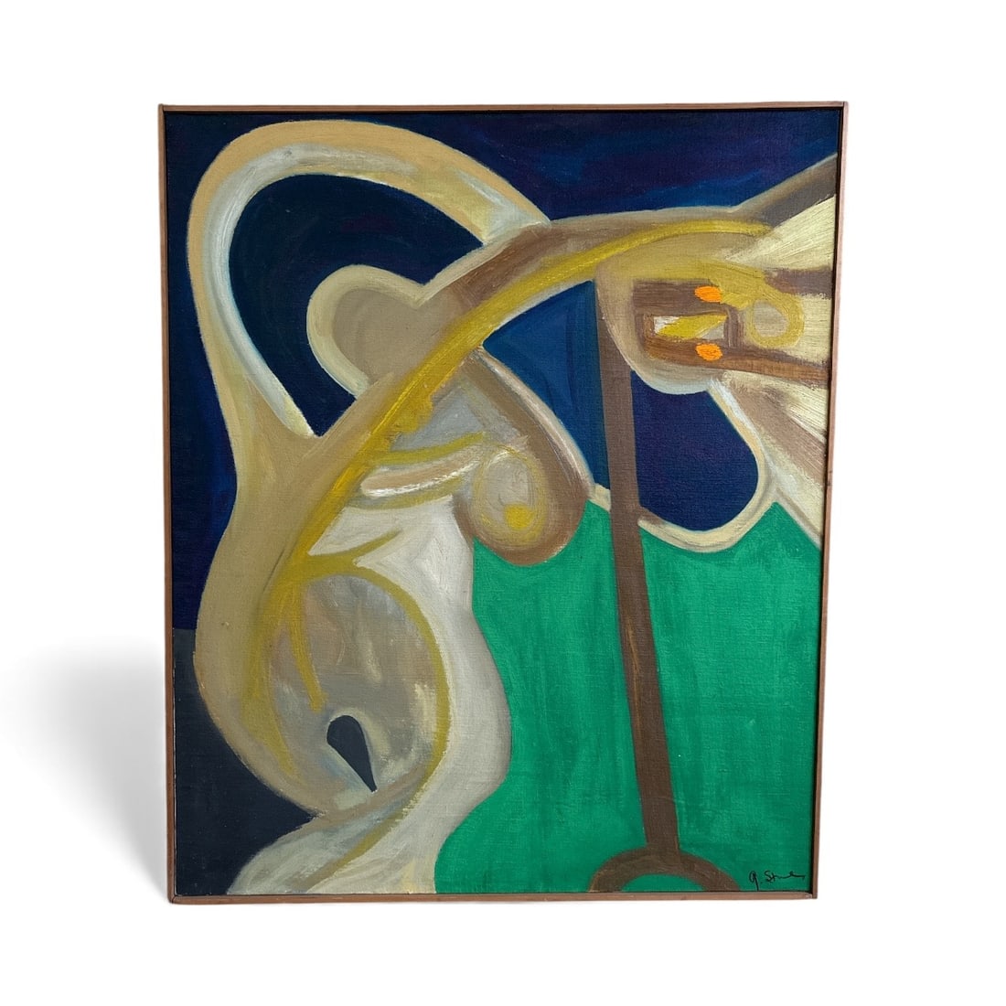 Abstract Mid Century Oil Painting of a Woman: Signed illegibly bottom right. 36.5" H x 31" W x 1" D.