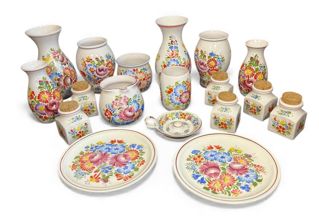 Collection of Painted Floral Czech Pottery: Includes vases, pitchers, two plates, candlestick holder, and spice jars with cork lids. Largest piece measures 9.5" H x 4.25" DIA at top.