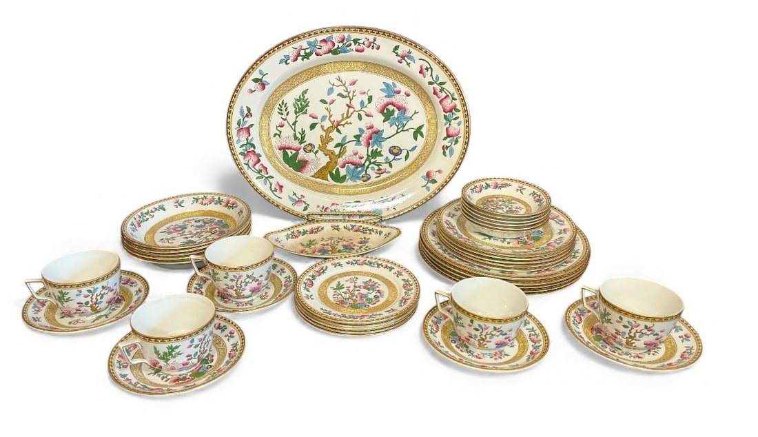 A Collection of "Indian Tree" Dinnerware: By SoHo Pottery, service for five. Includes coffee cups and saucers, a large serving platter that measures approx. 16" x 13", dinner plates that measure approx. 10" DIA, salad plates, bowls, and more.