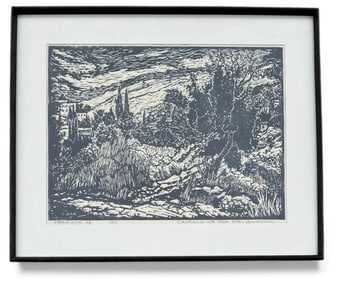 DAVID ZAK Linocut, Landscape with Olive Trees, Jerusalem