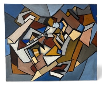 Mid Century Abstract Cubist Oil Painting, Blue