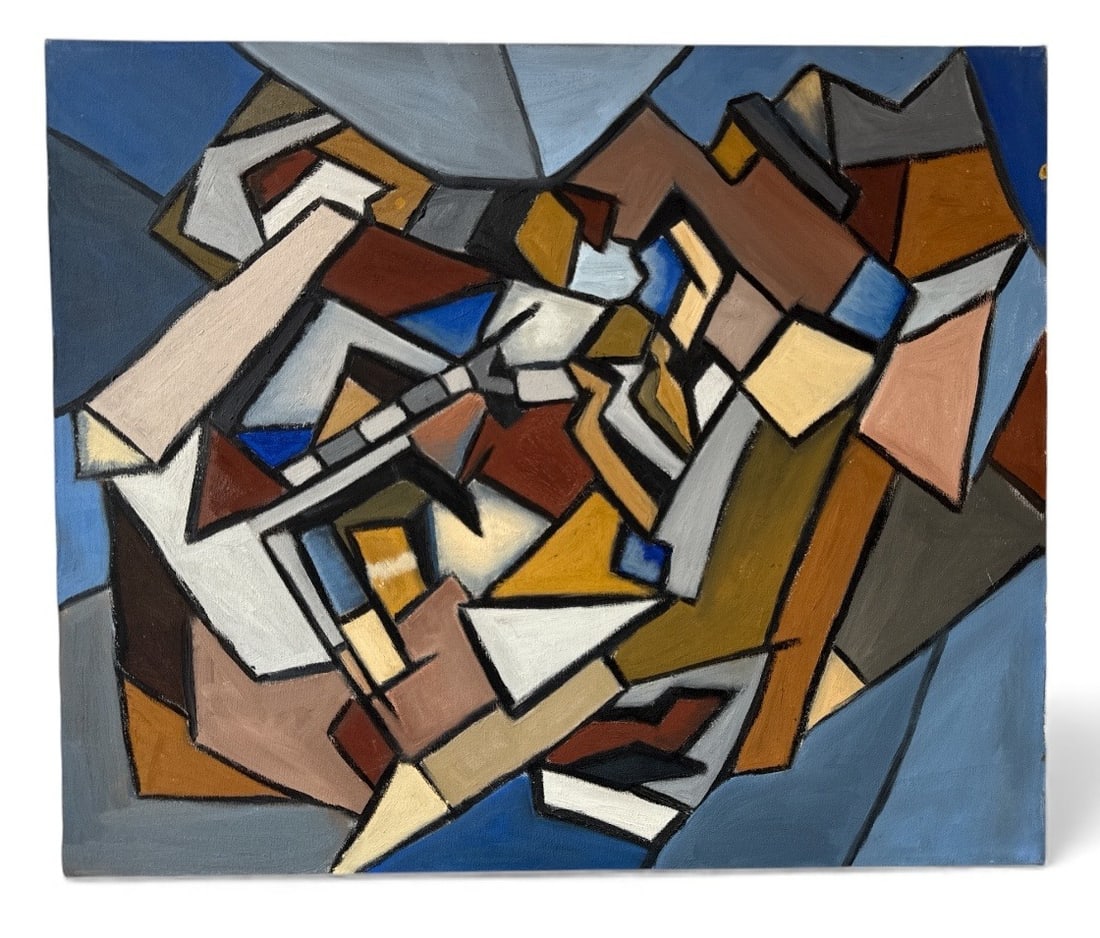 Mid Century Abstract Cubist Oil Painting, Blue: 20" H x 24" W x 1" D.