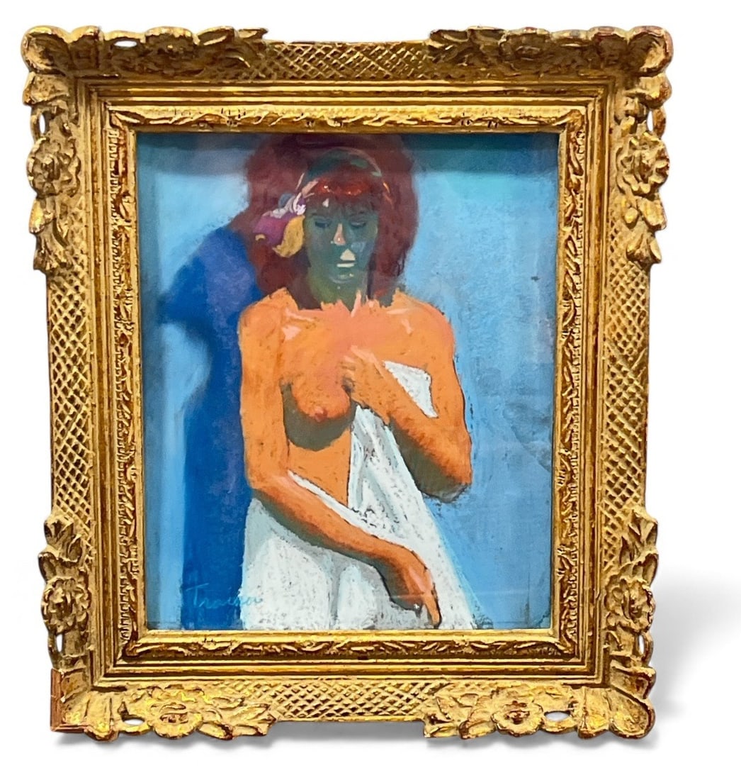 Mid Century Oil Pastel Nude Drawing: By artist Dee Trainor, signed in the lower left corner. Measures 15" x 13" x 2" D in the frame.