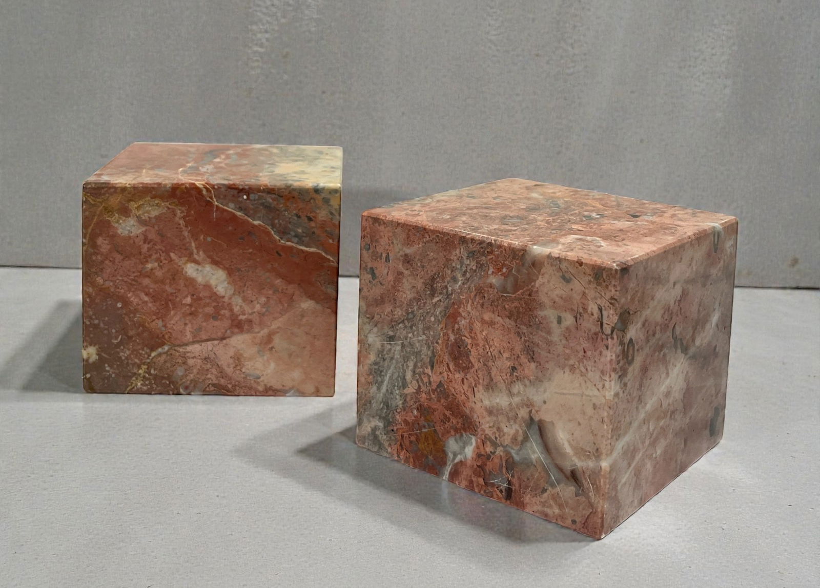 Red Marble Modernist Cube Sculptures: Each measure approx. 3.5" H x 4" W x 4" D. possibly bookends
