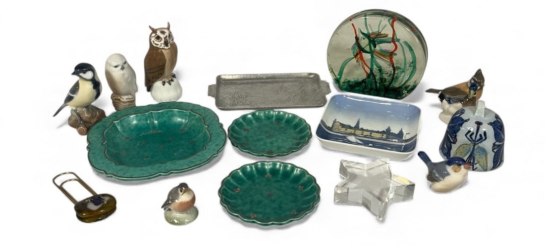 Collection of Decorative Articles, GUSTAVSBERG, TIFFANY & CO.: Includes three Gustavsberg Argenta pieces, the largest is 1" H x 6.25" x 6.25". The Tiffany & Co. lucite star measures .75" x 3.25" x 3.5". Lot also includes a collection of B & G porcelain bird sculp