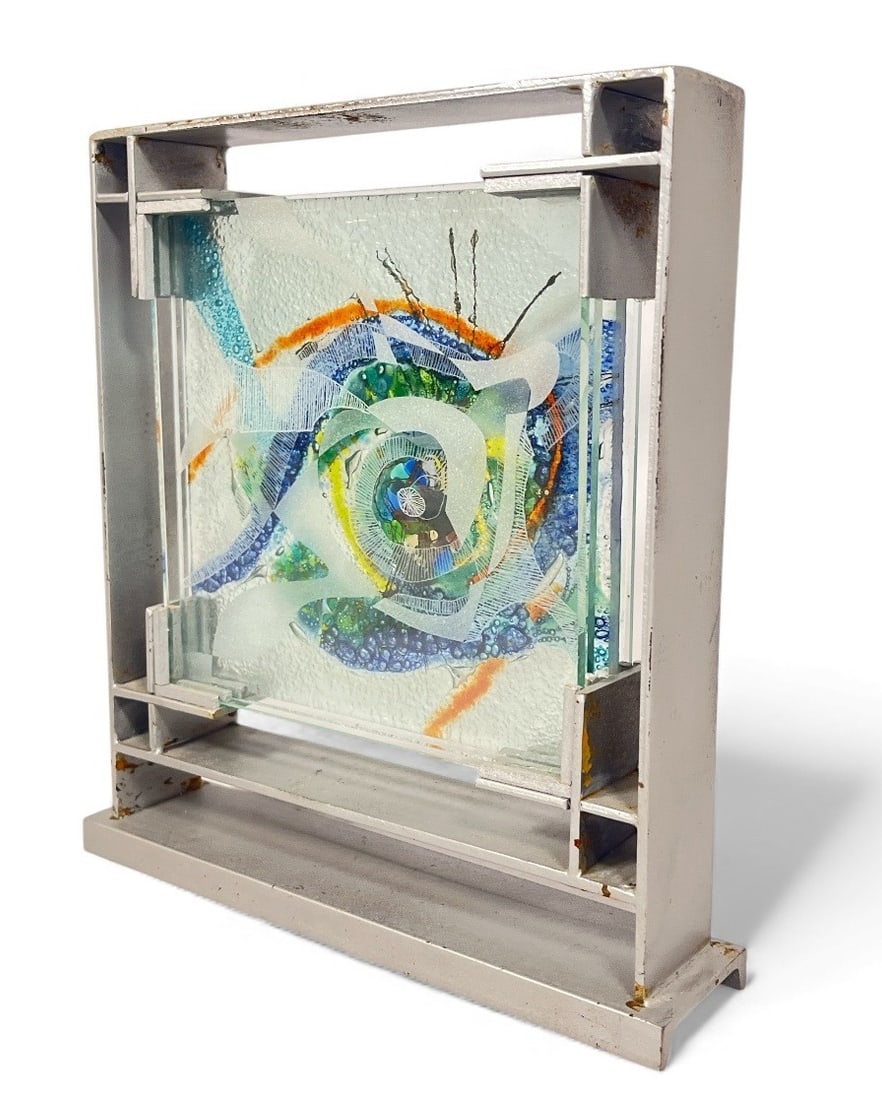 Post Modern A. A. BADI Framed Glass Art: Measures 9.25" H x 8.5" W x 2" D.