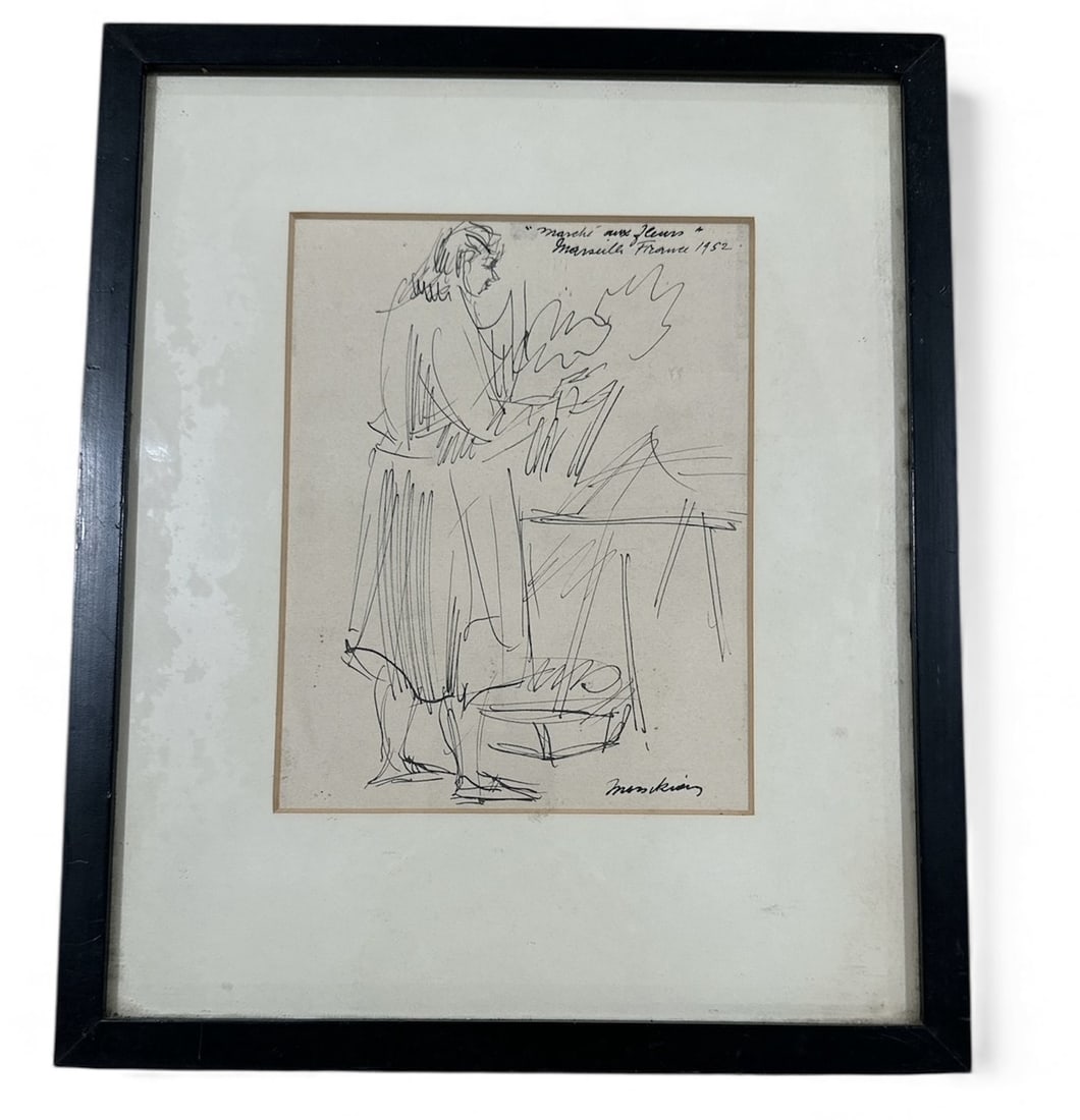MOSKOWITZ Ink Drawing 1952 France: The work itself is7" H x 5.5" W. In frame 12.5" H x 10.25 W signed and dated 1952.