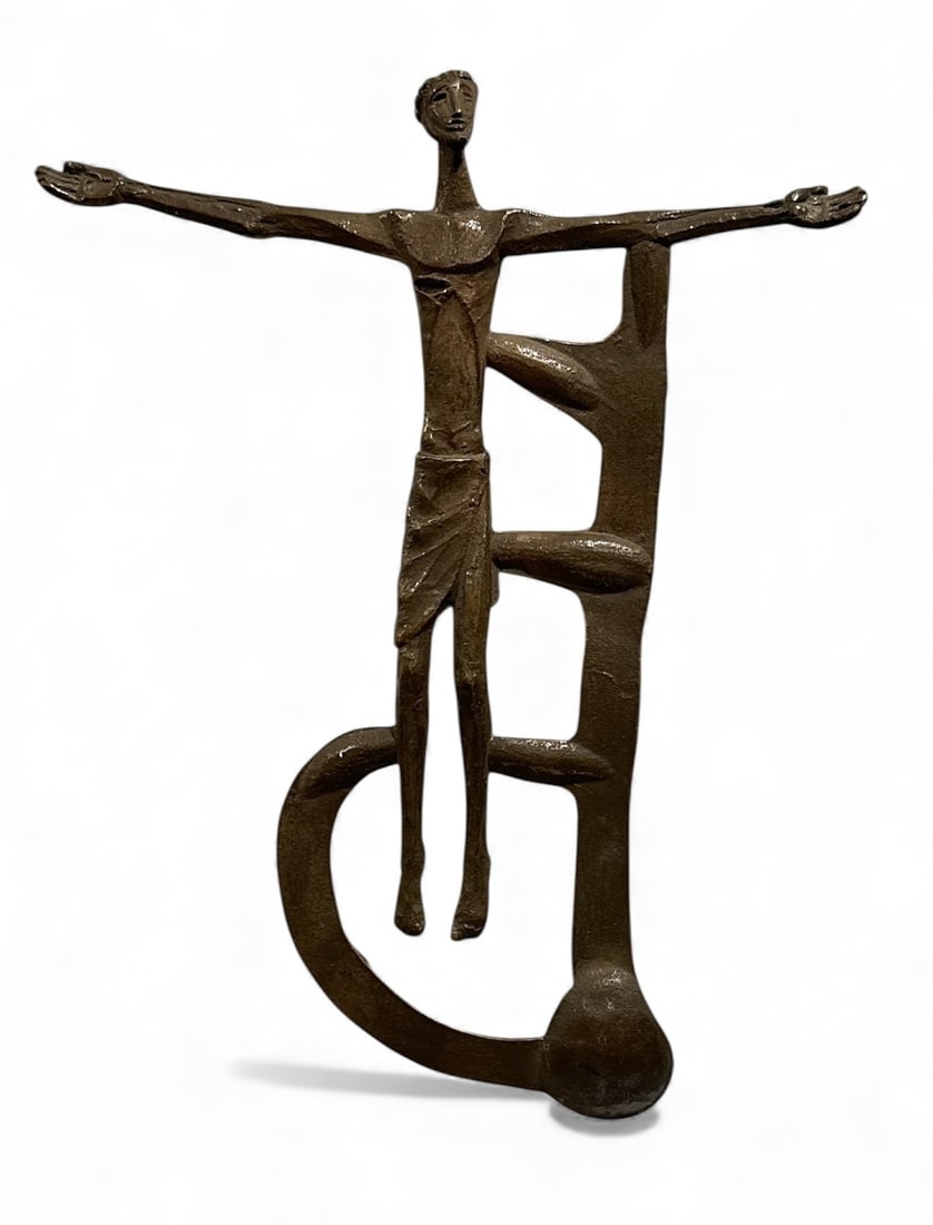 Abstract Bronze Brutalist Crucifix Signed GRAIL: 10.5"H x 8.5" W x .75" D. Signed GRAIL En Verso.