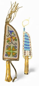 Two Early Antler & Bone Handle Knives, Beaded Hide Sheaths