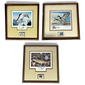 Three Vintage Hunting and Fishing Stamp Prints, LARRY CORY,