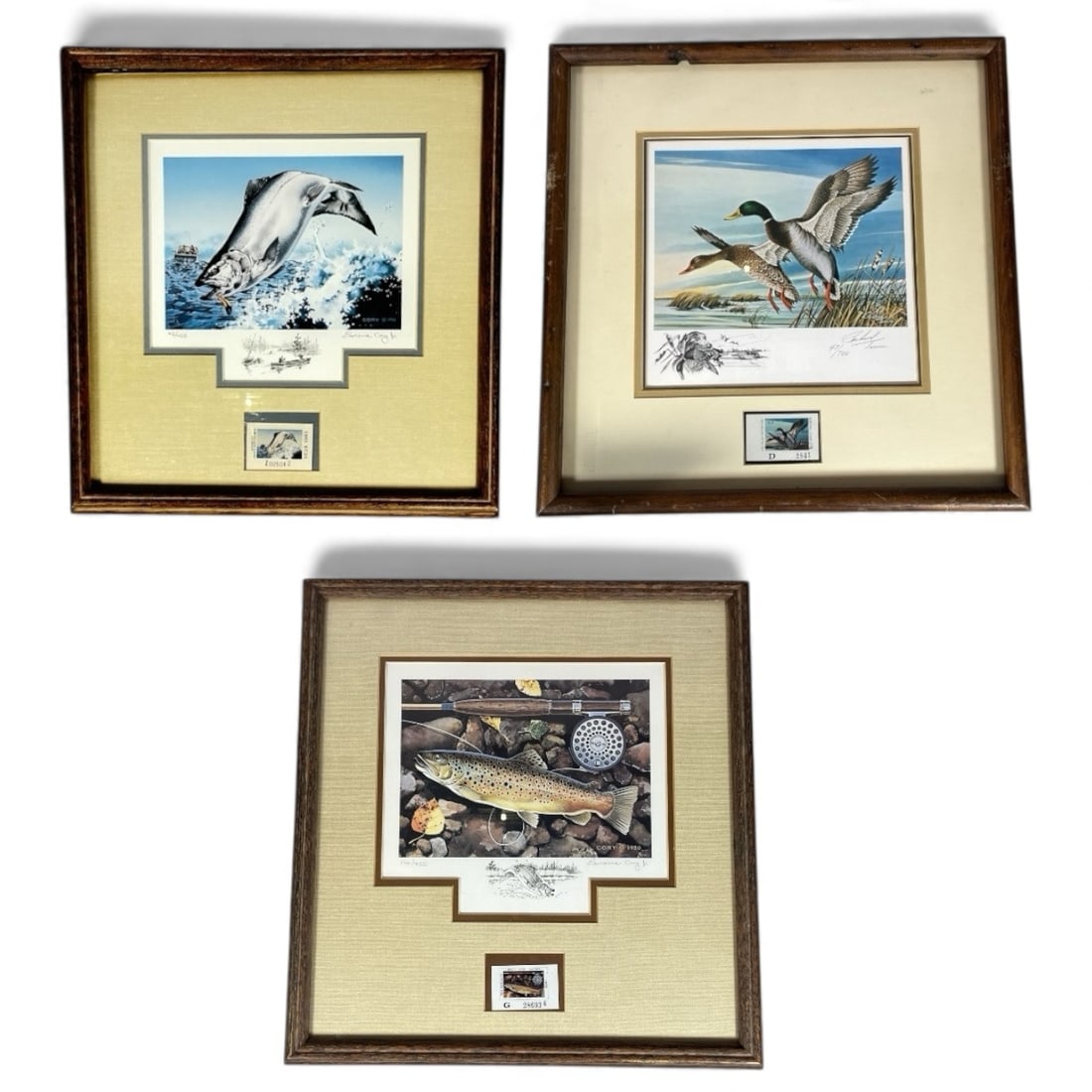 Three Vintage Hunting and Fishing Stamp Prints, LARRY CORY,: Includes a 1978 Richard Timm Michigan Waterfowl print numbered 47/700 and pencil signed in lower margin, a 1980 Michigan Trout and Salmon Print by Larry Cory numbered 146/450 and pencil signed in lowe
