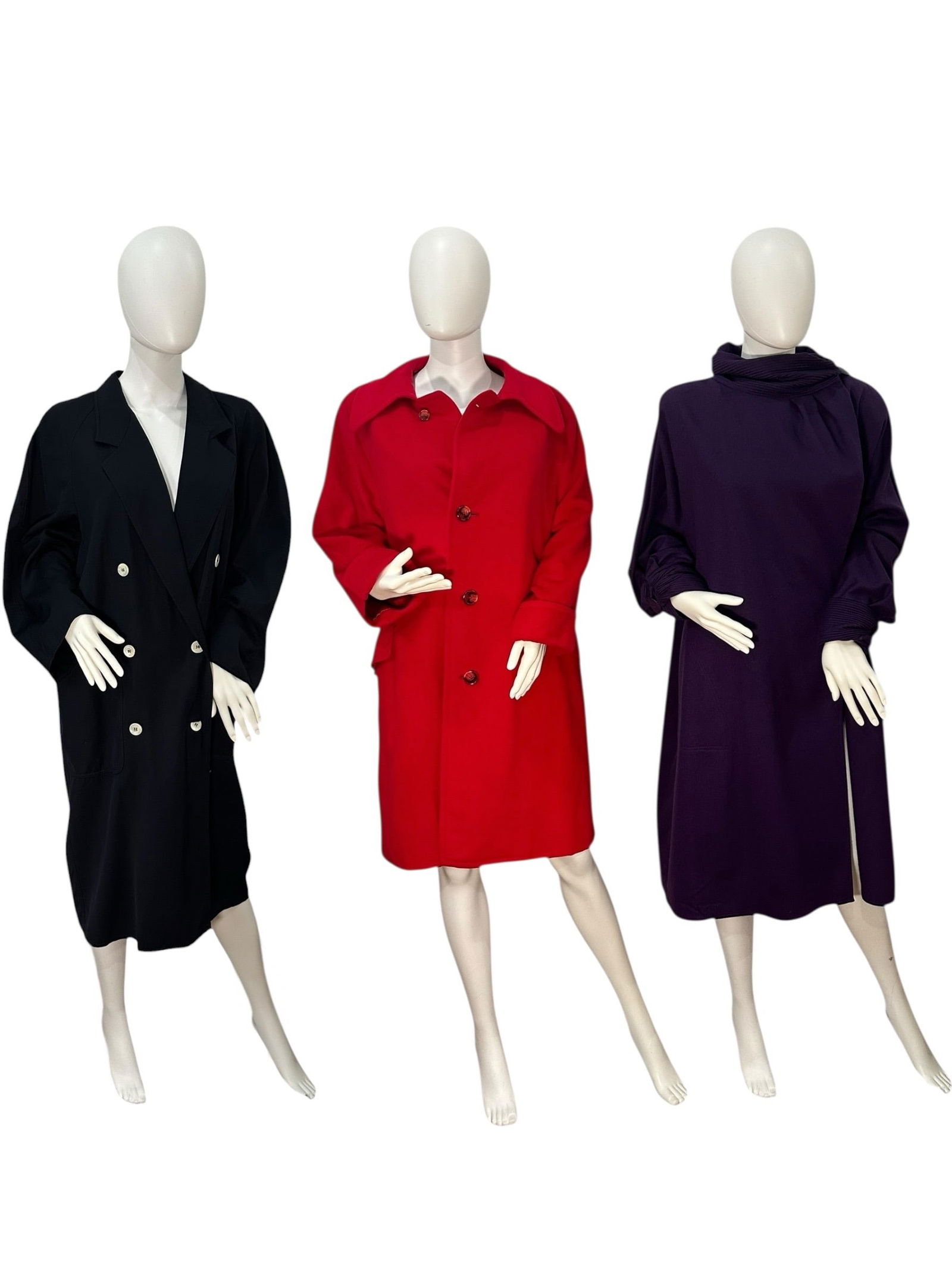 Collection Vintage 1980-90s Wool & Cashmere Coats, MAX MARA, BRITISH, DAVID RAVEL: 1990s Max Mara summer weight coat total length measure 44", sleeves measures 29", bust measures up to 48", waist measure up to 46". 1980s vintage red cashmere coast total length measures 38", sleeves