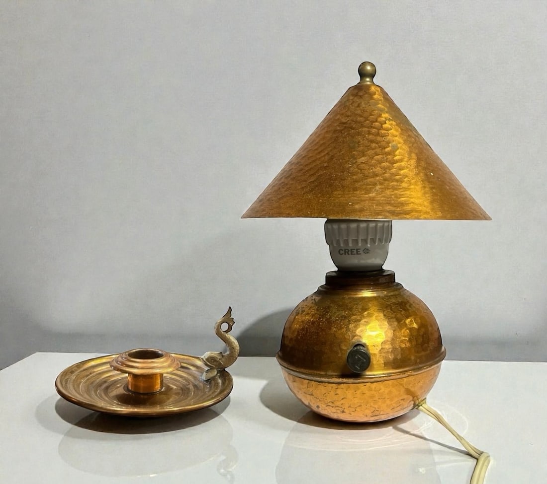 CHASE Art Deco Copper Lamp and Koi Fish Candlestick Holder, RUTH GERTH: Lot includes rare Ruth Gerth for Chase Art Deco Copper Glow Lamp that measures 8.5" H x 6" shade DIA. Chase Koi Fish candleholder is stamped and measures 2" H x 4.25" DIA.