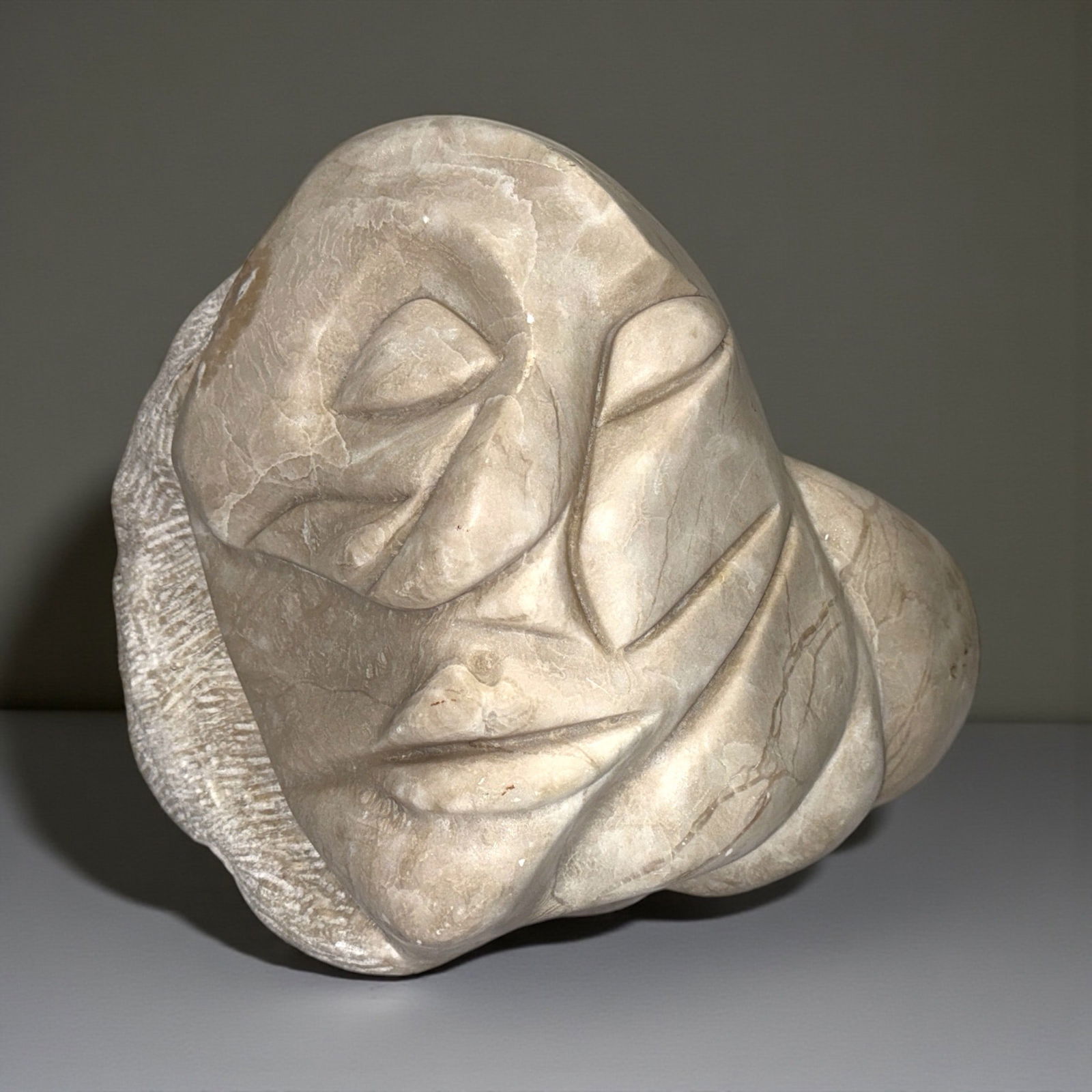 Substantial Marble Abstract Face Sculpture: 13.5" H x 16" W x 12" D.