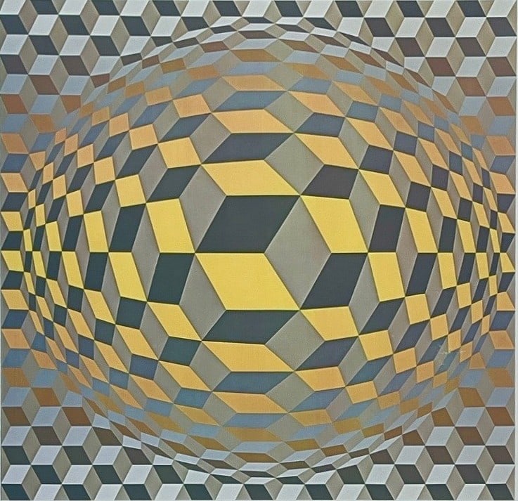VICTOR VASARELY (French-Hungarian, 1906-1997) Style Op Art Print: 32.25" H x 26" W x 1" D in frame. Site measurement is approx. 16" x 16".