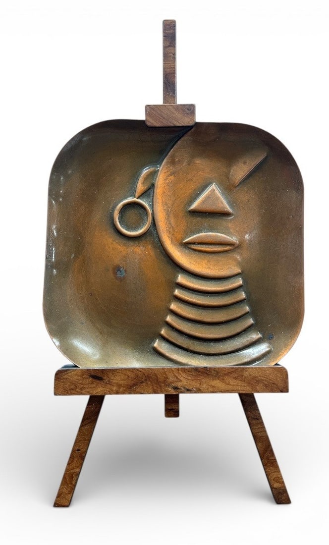 Vintage FRANCISCO REBAJES (American/Dominican 1907-1990) Copper Tray: Ubangi African Woman Copper Wall Plaque/Tray. Measures approx. 6" x 6".