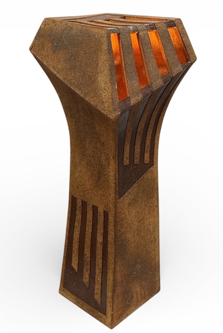 Substantial Brutalist Folk Art Stoneware Floor Lamp, DENNIS KIRCHMANN (American, 1939-2017): Measures 31.5" H x 12" W x 12" D. Large Stoneware Floor Lamp by Indiana Ceramist artist Dennis Kirchmann (1939?2017). A well-known Indiana ceramic artist, Dennis actively participated in solo and grou