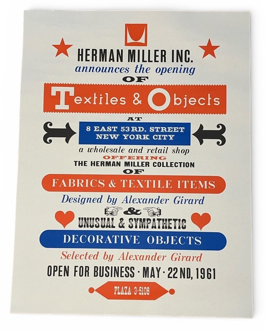ALEXANDER GIRARD, HERMAN MILLER Textiles & Objects Poster Print: Poster measures 26" x 20. Purchased from Eames Office showroom. Dated 2013. Trademark stamp on back.