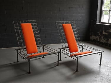 LES AMISCO Post Modern Reclining Metal Wire Chairs, Pair