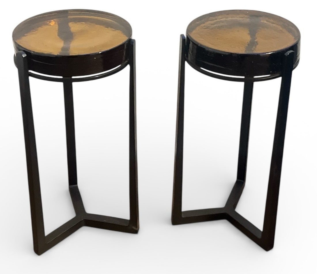 Pair of Amber Glass Accent Tables: Pottery Barn Cori Round Recycle Glass Accent Table. Each measure approx. 21.5" H x 10" DIA at top.
