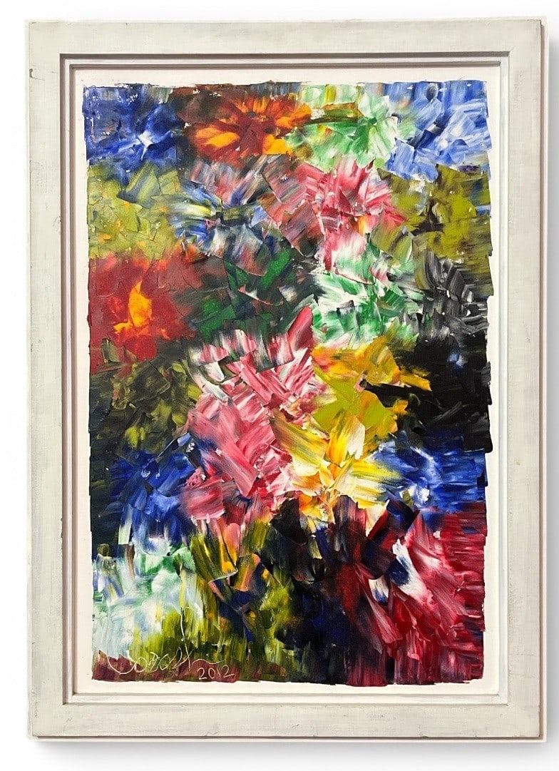 Signed Abstract Impasto Floral Oil Painting: 41.25" H X 30" W X 2.5" D. Dated 2012.