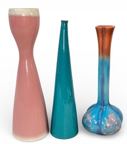 Three Mid Century Pink & Blue Vases