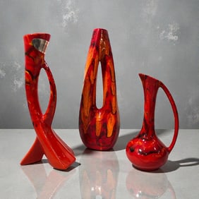 Three CALIFORNIA POTTERY Red Drip Glaze Vases