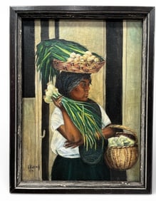 Signed 1971 L. RUSSELL Haitian Market Woman Oil Painting