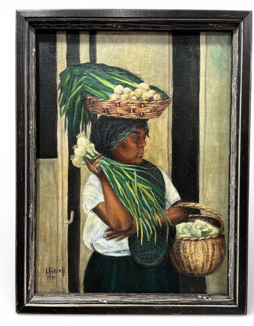 Signed 1971 L. RUSSELL Haitian Market Woman Oil Painting: Measures 18" H x 14" W x 2.5" D in the frame.