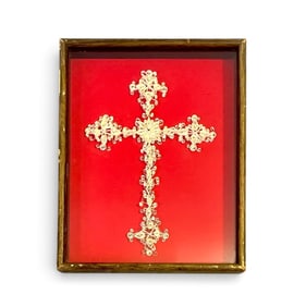 Early Scherenschnitte, Paper Quilling Cross in Frame