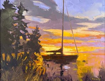 Door County, WI Artist "Sunset at the Lake" Oil Painting