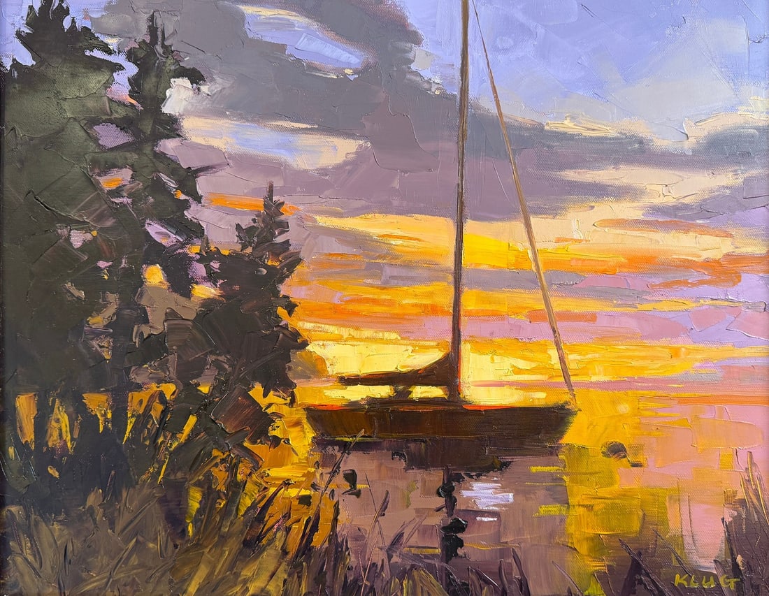 Door County, WI Artist "Sunset at the Lake" Oil Painting: Gretchen Klug. Door County, WI artist. Oil on canvas. Signed lower right. In Frame: 22" H x 26" W x 1.5" D.