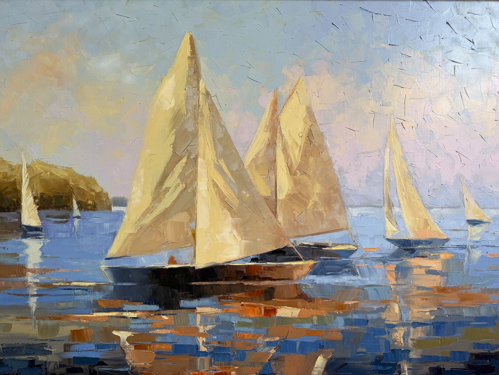 Door County, WI Artist Oil Painting, Sailboats on the Lake: Gretchen Klug. Door County, WI artist. Oil on canvas. Signed lower right. In Frame:35.5" H x 45.25" W x 1.5" D.