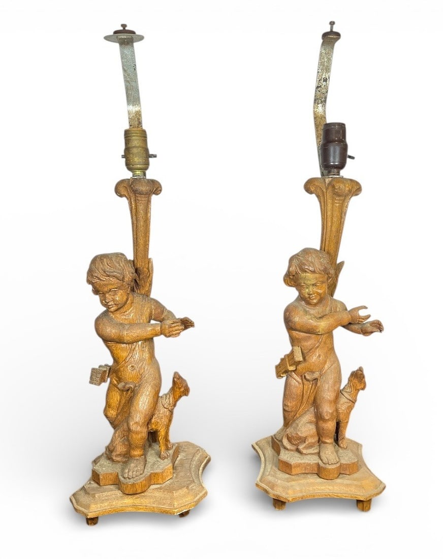 Pair Black Forest Hunting Cherub Dog Lamps (1 of 4)